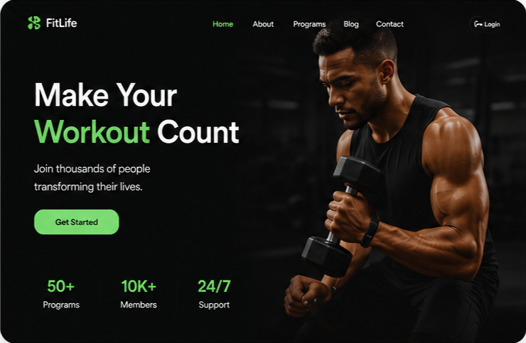 FitLife — dark themed fitness homepage